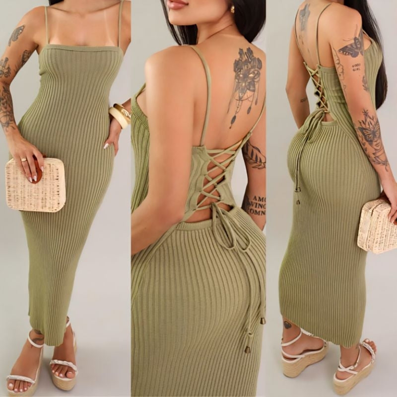 Vestido Midi Trançado nas Costas Tricot Modal Canelado  Jeniffer