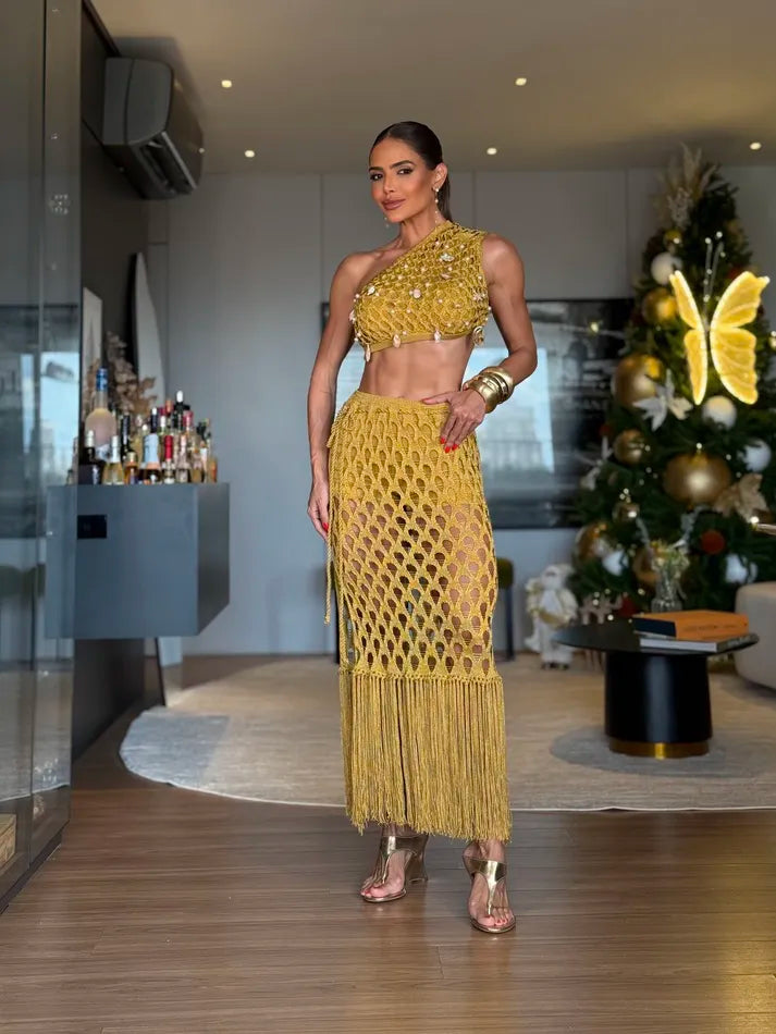 Conjunto Dourado Fio Rayon com Pedras