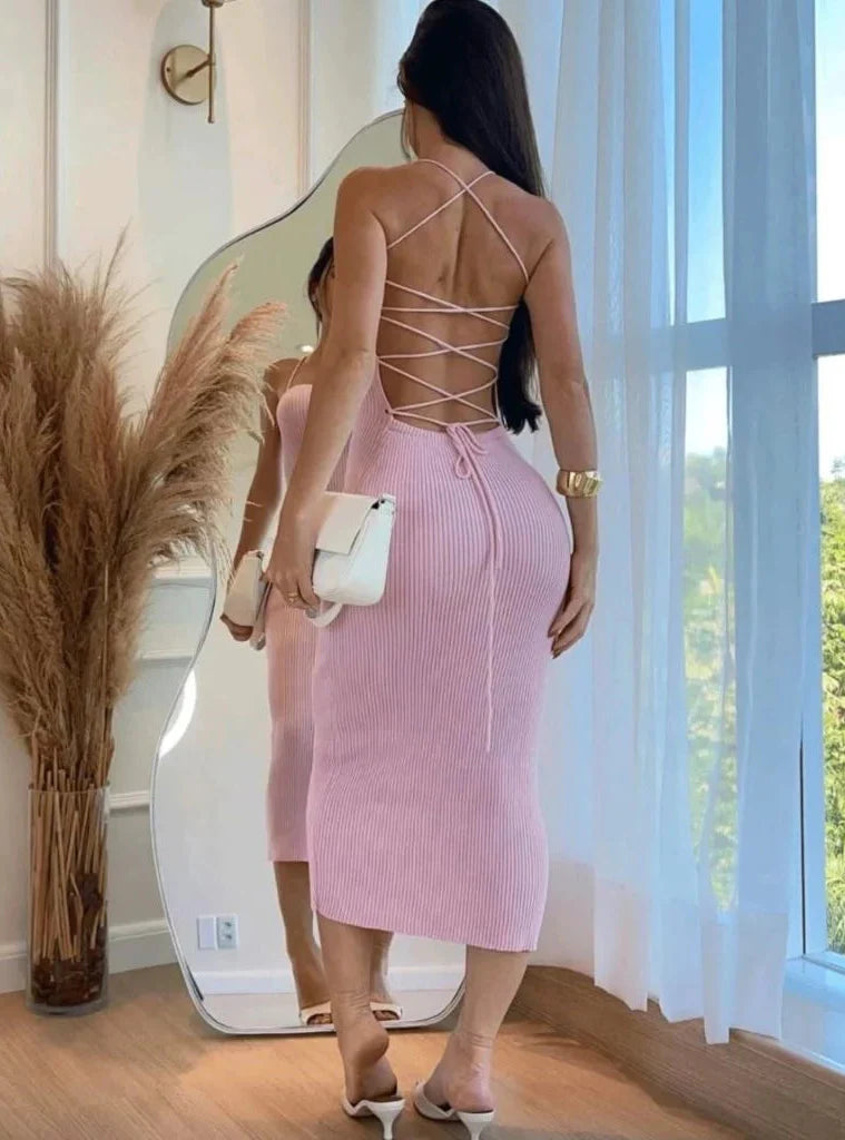 Vestido Midi Trançado nas Costas Tricot Modal Canelado  Jeniffer