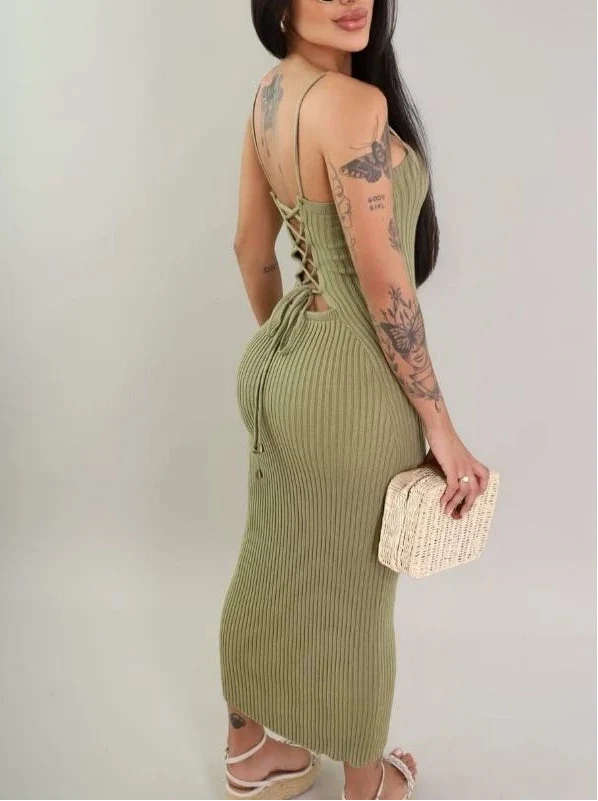 Vestido Midi Trançado nas Costas Tricot Modal Canelado  Jeniffer