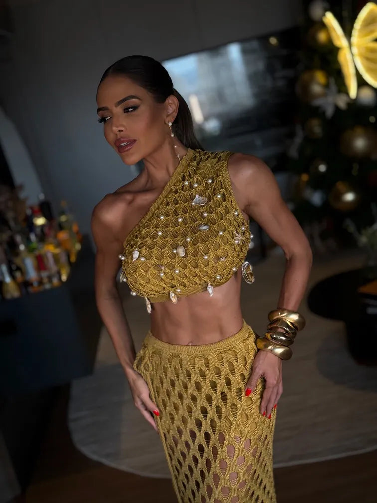 Conjunto Dourado Fio Rayon com Pedras